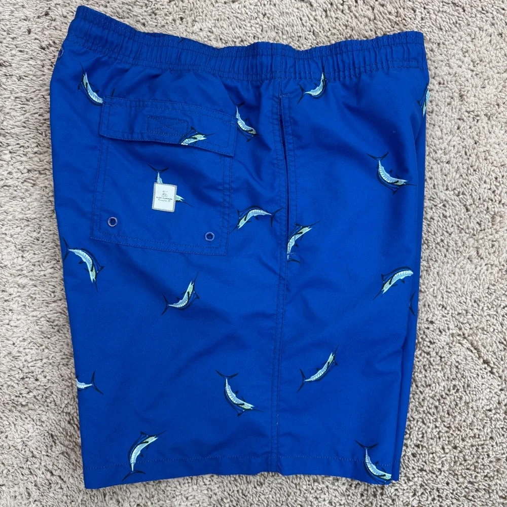 Alex Cannon Swim Trunks Men L Marlin Print Quick Dry Blue Drawstring Swim Shorts